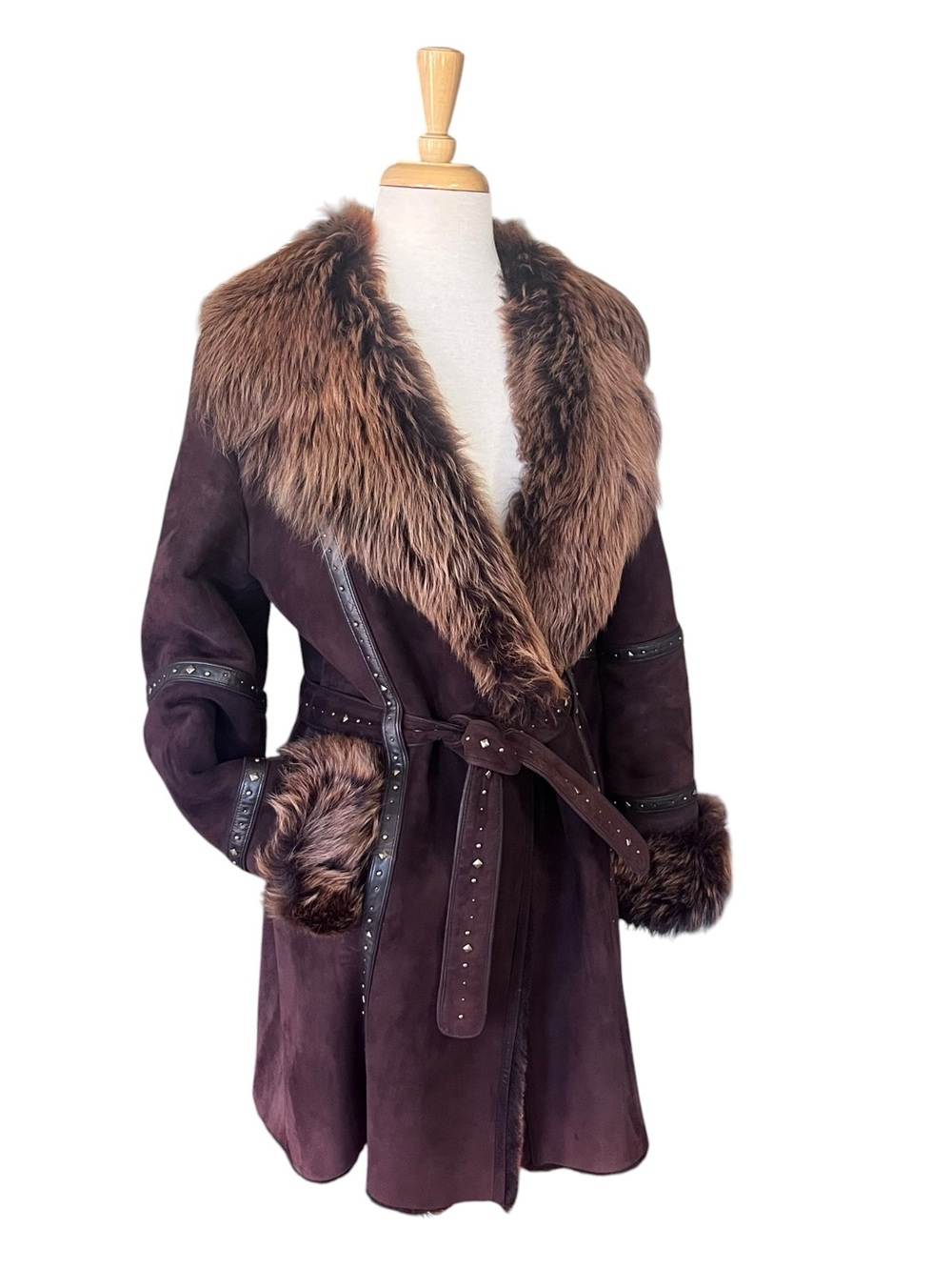 Chocolate Brown Shearling Coat with Fur Collar and Cuffs